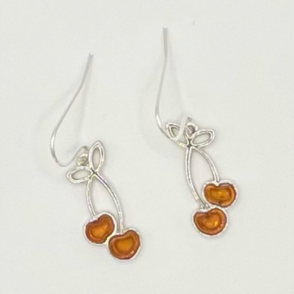Sterling Silver Amber Cherry Dangle Earrings - image 1
